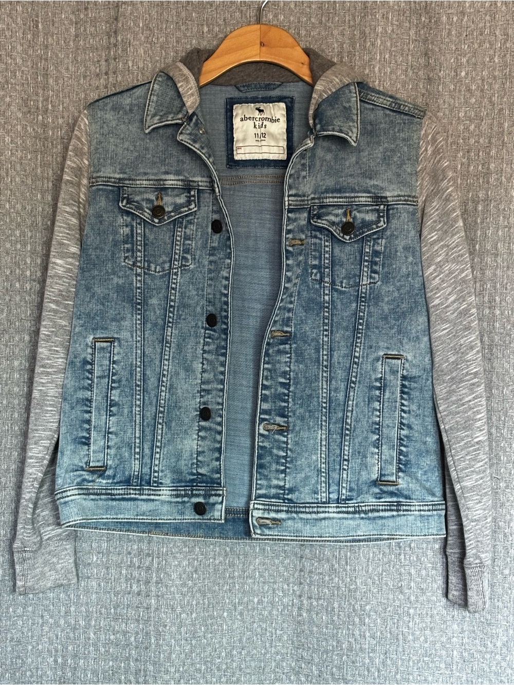 Abercrombie Kids Denim Jacket Hoodie Gray Sleeves Size 11/12